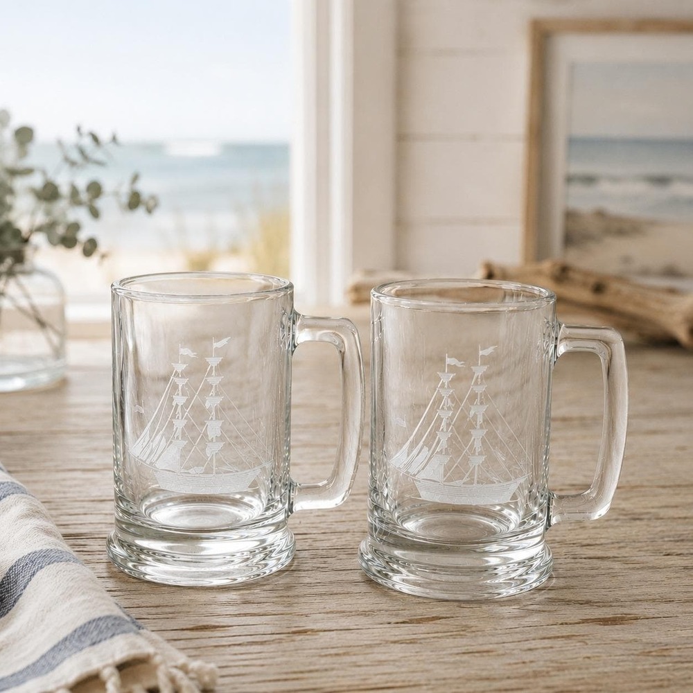 Vintage Toscany Clipper Ship Etched Glass Beer Steins Set of 2 Nautical Barware